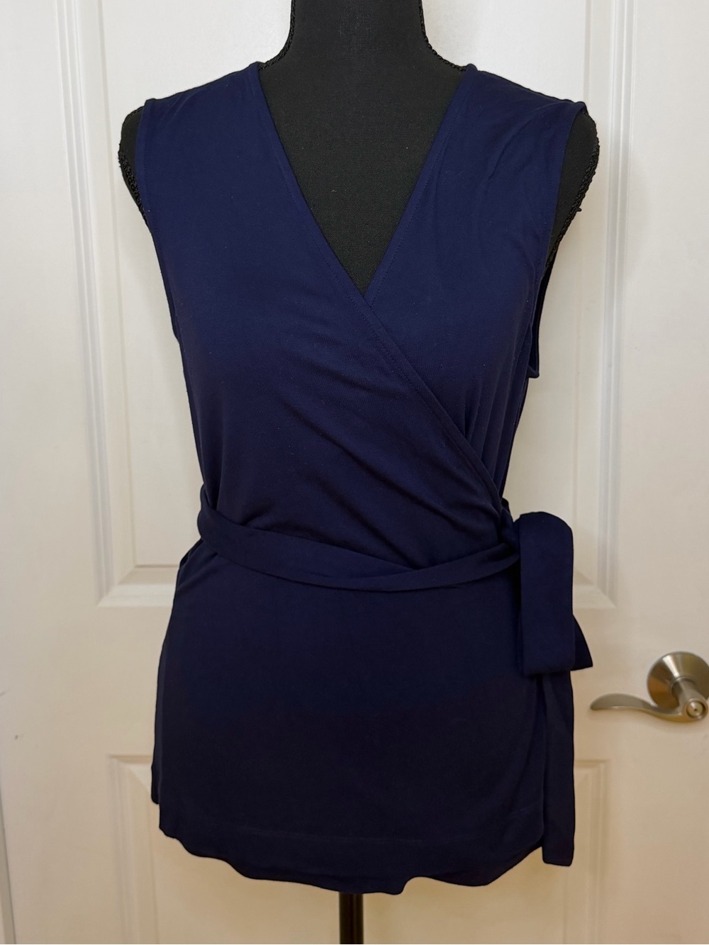 Diane Von Furstenberg Navy Sleeveless Wrap Top with Side Tie